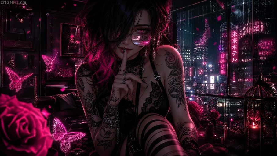 A tattooed woman with glasses and dark hair places a finger to her lips while surrounded by glowing pink butterflies in front of a neon city window.