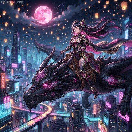 Anime-style girl riding a large black dragon over a neon-lit cyberpunk city at night under a pink full moon.