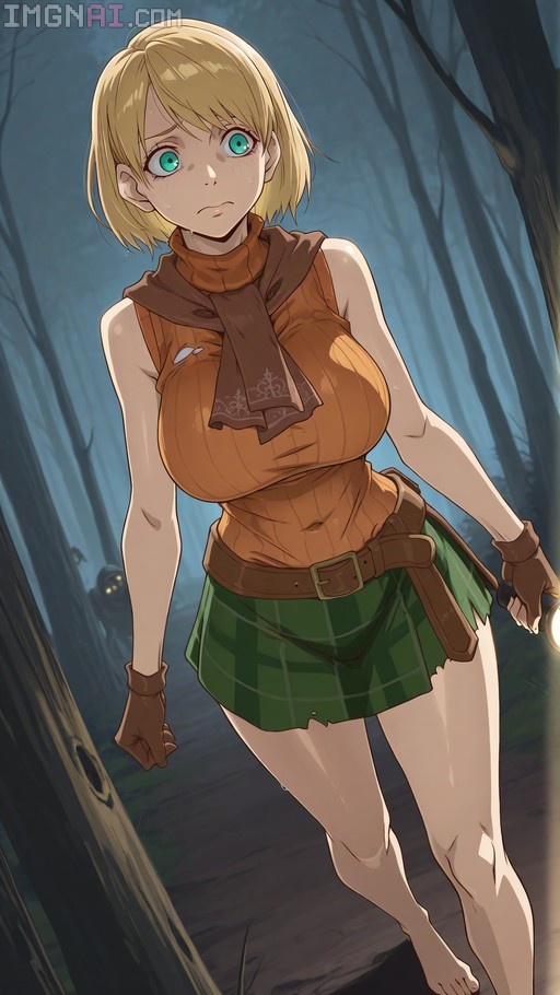 Ashley Graham from Resident Evil 4 holding a flashlight in a dark forest with a lurking monster.