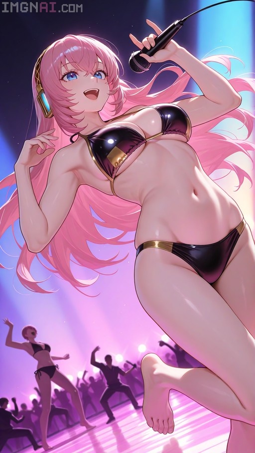Megurine Luka with long pink hair and blue eyes sings into a microphone while wearing a black bikini on stage.
