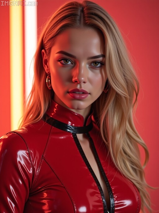 A blonde woman wearing a shiny red latex superhero suit with black trim stands against a red background.