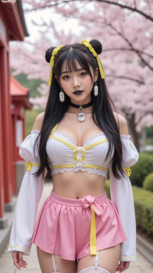 Chun-Li cosplay portrait with black lipstick and yellow hair ribbons in front of cherry blossoms