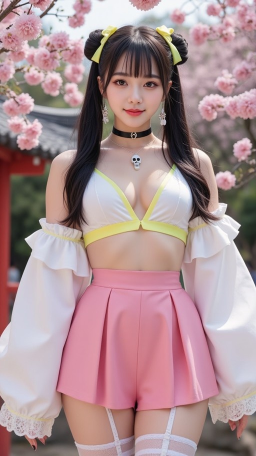 A young woman with black hair styled in twin buns with yellow ribbons stands outdoors among pink cherry blossoms. She wears a white crop top, pink pleated skirt, and thigh-high socks with garter straps.