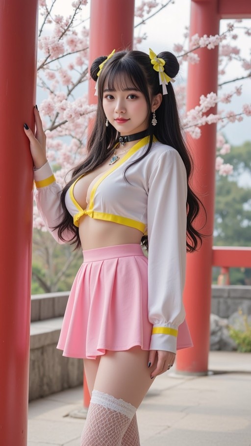A Chun-Li cosplayer with black hair in double buns and yellow ribbons stands near red pillars with cherry blossoms, wearing a white top, pink skirt, and fishnet thigh-highs.
