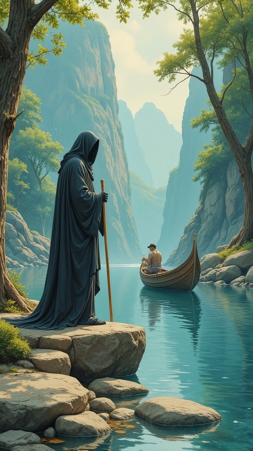 A tall figure in a dark hooded robe holding a staff stands on a rock by a calm river, watching a shirtless man row a small wooden boat amidst towering green cliffs and trees.