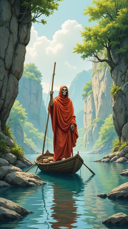 A skeletal figure in a red hooded robe stands in a small wooden boat, poling through calm blue water surrounded by rocky cliffs and trees.