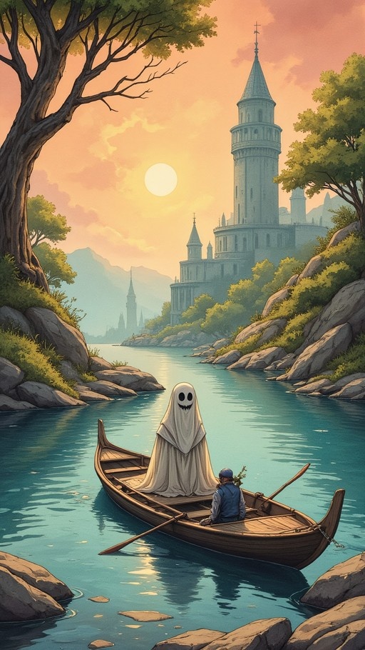 A sheet ghost sits in a wooden boat being rowed by a boy on a river towards a large castle at sunset.