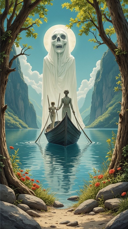 Two small stone figures row a wooden boat on a calm river while a massive skeletal figure in white robes stands behind them against a backdrop of cliffs and trees.