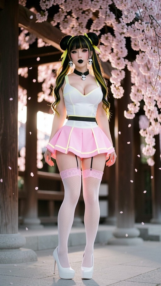 A cosplayer with black hair in double buns stands under cherry blossom trees wearing a white top, pink skirt, and fishnet stockings.