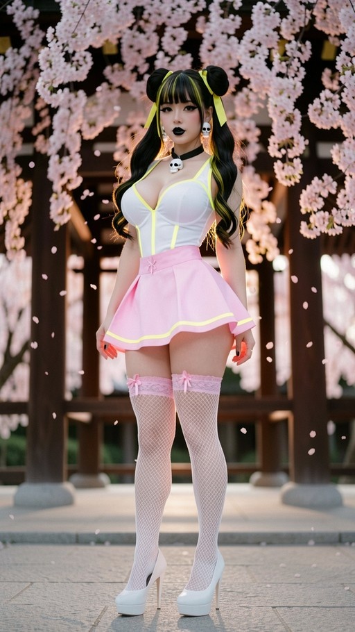 Full body portrait of Chun-Li cosplay in a pink skirt and fishnets standing under cherry blossoms