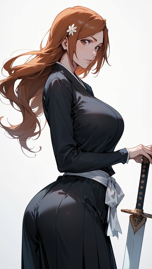 Inoue Orihime with long orange hair and a white flower in her hair, wearing a black kimono and holding a sword while looking over her shoulder.