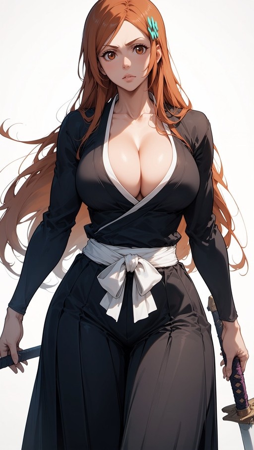 Orihime Inoue from Bleach wearing a black kimono and holding two swords.