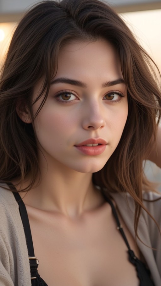 A realistic close-up portrait of a young woman with long brown hair and brown eyes looking at the camera while wearing a black bra under an open beige cardigan.