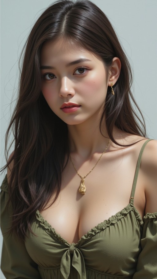 A realistic portrait of a young woman with long dark hair and brown eyes wearing an olive green off-the-shoulder top and gold jewelry.