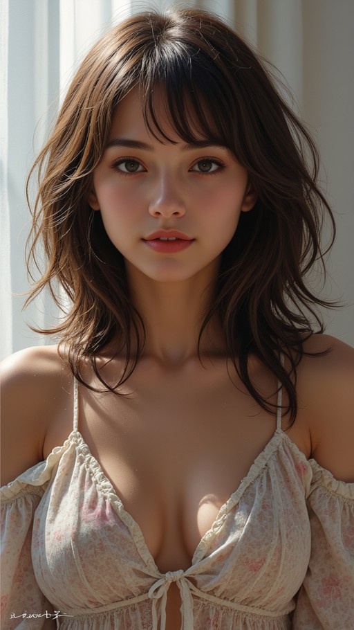A realistic digital portrait of a young woman with wavy brown hair and bangs looking at the viewer while wearing a cream floral top in natural sunlight.