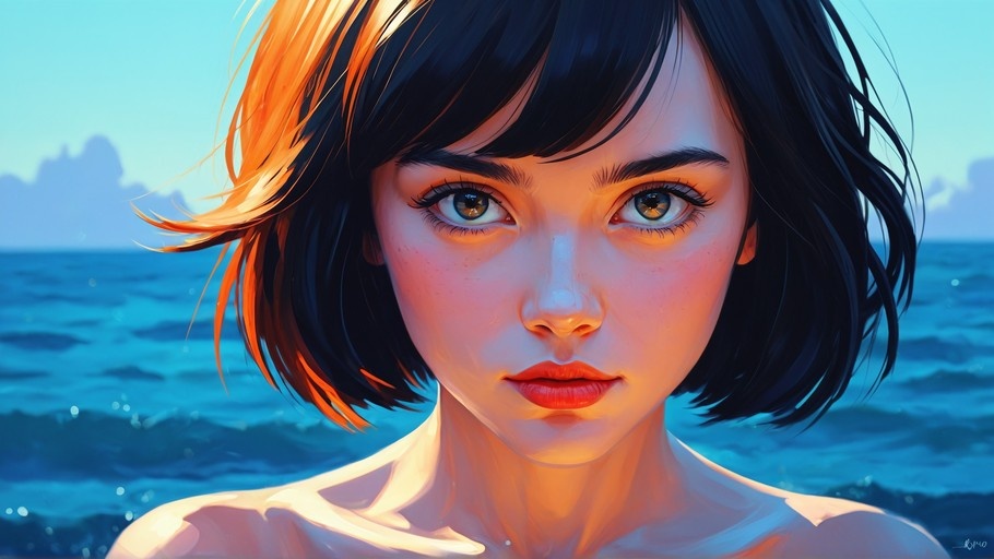 Close-up digital portrait of a young woman with short black hair and brown eyes standing by the ocean in warm sunlight.