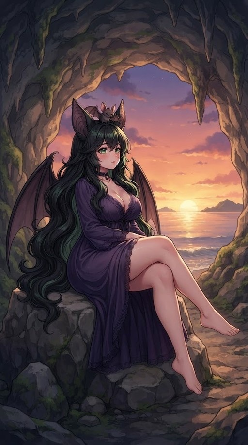 A green-haired bat girl with large wings and a small bat on her head sits barefoot on a rock inside a cave, overlooking an ocean sunset.