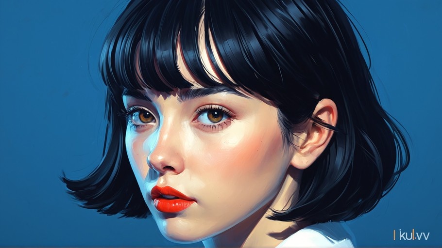 Close-up digital portrait of a young woman with short black hair and brown eyes against a blue background.