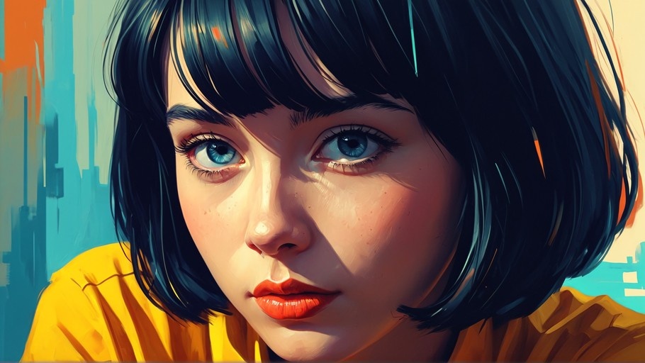 Close-up digital painting of a young woman with short black hair, blue eyes, freckles, and red lips wearing a yellow shirt against a colorful background.