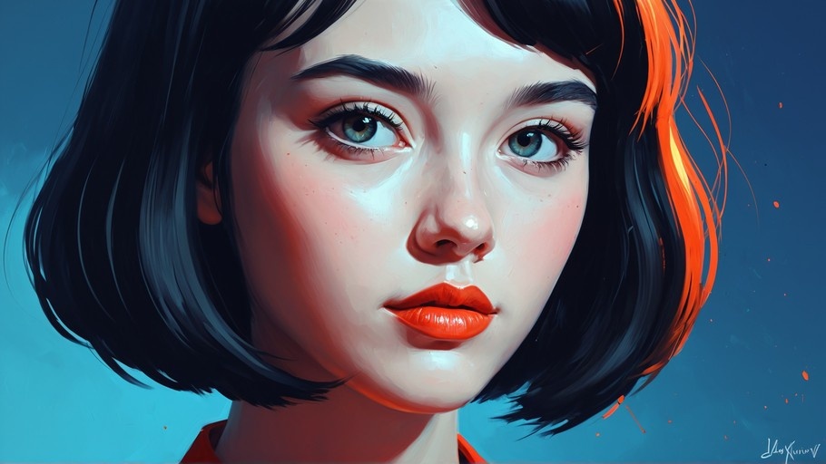 Close-up digital portrait of a young woman with short black hair, blue eyes, and red lipstick against a blue background.