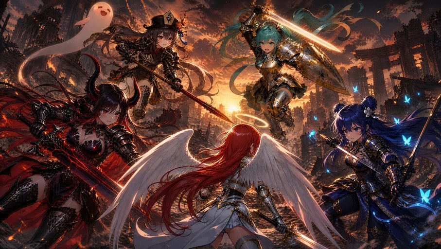 Five anime-style female warriors, including Hu Tao and her ghost Boo Tao, fight in a ruined city at sunset. The group includes a teal-haired armored girl, a red-haired angel, a blue-haired fighter with butterflies, and a horned demon.