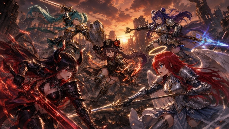Five anime-style female warriors in armor fighting in a ruined city at sunset, featuring a character resembling Hu Tao with fire magic.