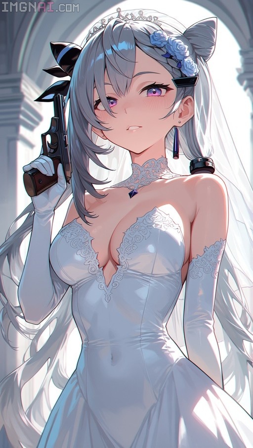 Vestia Zeta in a white wedding dress and veil holding a handgun.