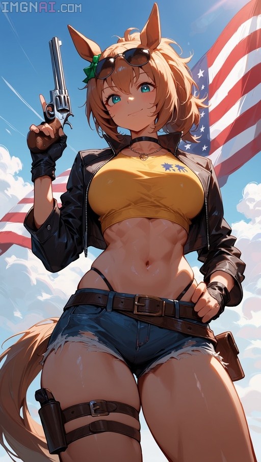 Taiki Shuttle from Umamusume holding a revolver with an American flag in the background
