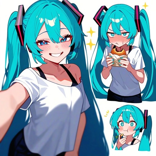 A digital illustration featuring Hatsune Miku in three panels: a large selfie-style portrait smiling, a medium shot blushing while holding a burger, and a small chibi headshot eating a snack.