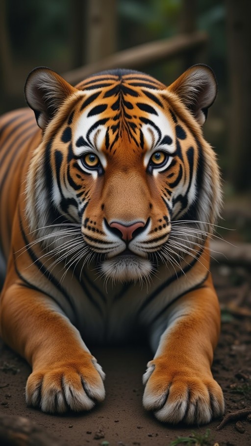 Close-up of a realistic tiger lying on the ground looking at the viewer.