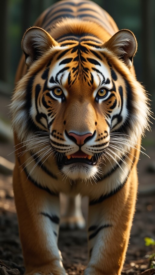 A realistic tiger with orange and black stripes walks toward the camera with its mouth slightly open, revealing teeth.
