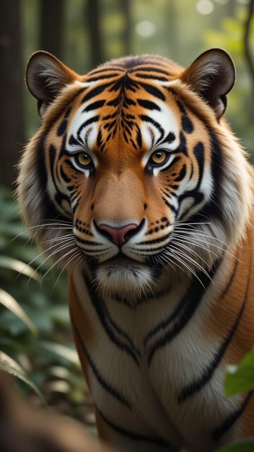 Close-up portrait of a realistic tiger with orange and black stripes gazing directly forward against a blurred green forest background.