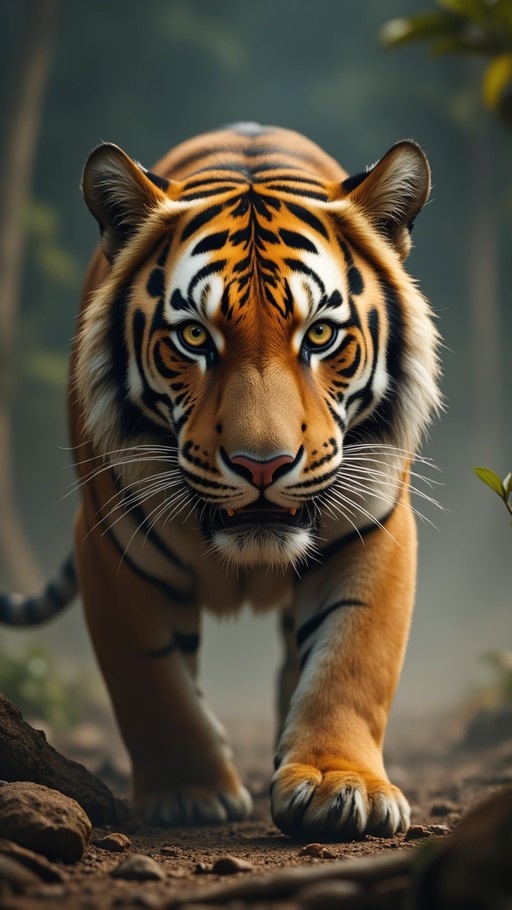 A close-up view of a realistic orange and black striped tiger walking forward with intense yellow eyes, set against a blurred natural background.