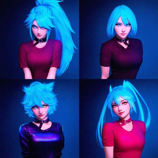 A grid of four portraits showing a blue-haired anime girl with different hairstyles, outfits, and eye colors against a blue background.