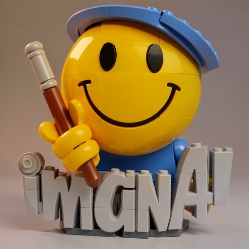 A yellow Lego smiley face character wearing a blue hat and holding a brown baton stands behind large grey letters.