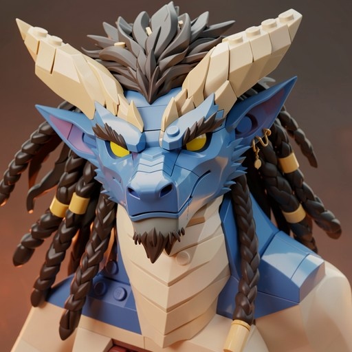 A close-up digital illustration of a blue dragon boy character built from Lego bricks, featuring cream horns, yellow eyes, and brown dreadlocks with gold rings.