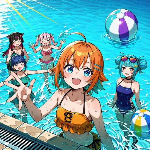 An orange-haired anime girl in an orange bikini reaches out from a swimming pool, surrounded by four friends in colorful swimwear playing with beach balls on a sunny summer day.