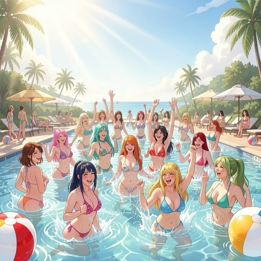 A group of anime-style women in colorful bikinis splashing and cheering in an outdoor pool surrounded by palm trees.