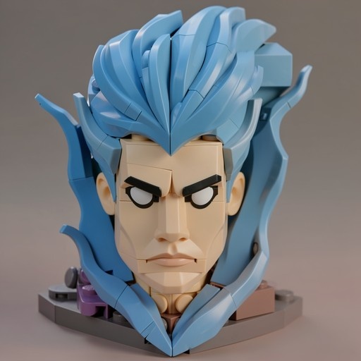 A close-up of a Lego bust featuring a male character with spiky light blue hair and an angry expression, built from interlocking plastic bricks on a display base.