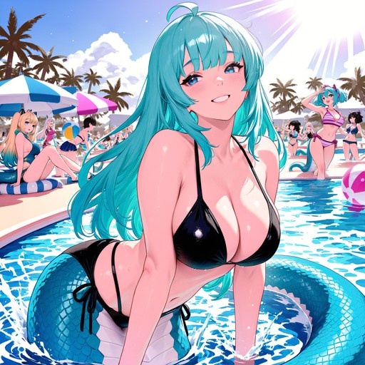 A smiling lamia girl with teal hair and a scaly tail sits on an inner tube in a pool wearing a black bikini, with other girls in swimwear in the background under palm trees.