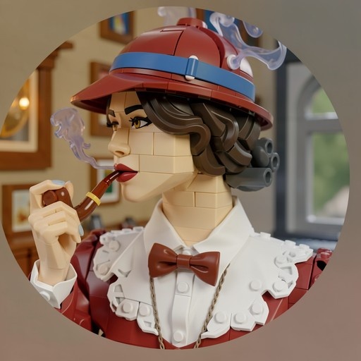 A close-up digital illustration of a Lego-style female detective wearing a red deerstalker hat and holding a smoking pipe.