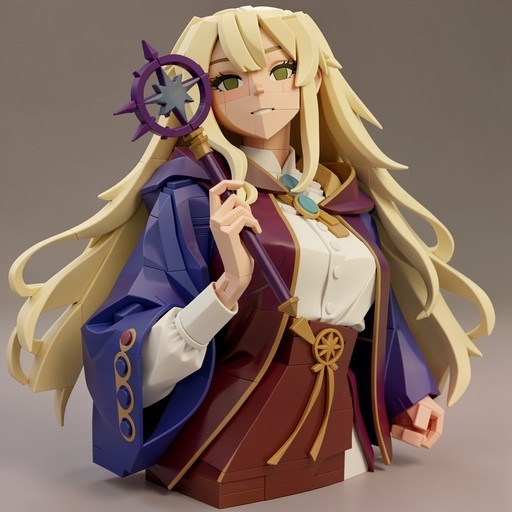 A Lego-style digital illustration of a smiling blonde anime girl with green eyes wearing a purple coat and holding a star-topped staff.