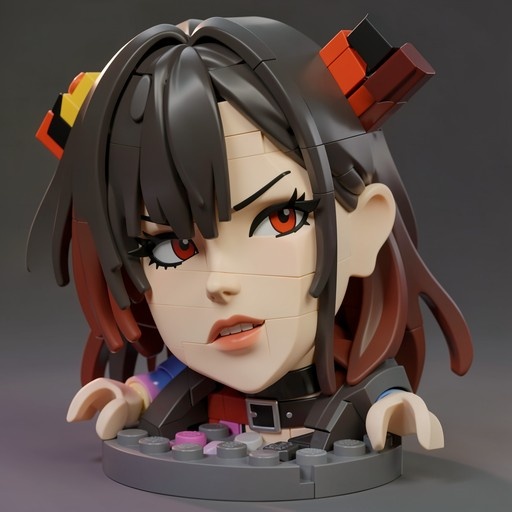 A close-up LEGO-style bust of an anime girl with dark hair and red eyes wearing a black collar.