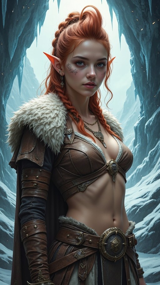 Red-haired elf warrior with braided hair and facial tattoos wearing fur-trimmed leather armor in a snowy cave.