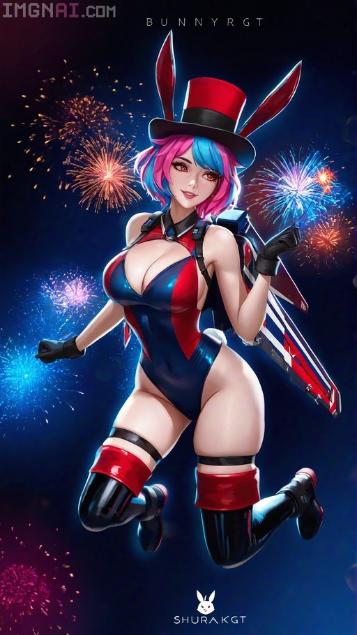 Pink and blue-haired anime character in a red white and blue bunny suit with a jetpack holding a sparkler amidst fireworks.