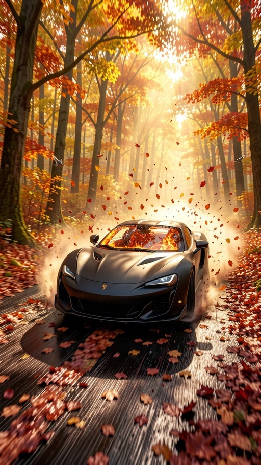 A dark sports car speeding down a road through a sunlit autumn forest with orange leaves swirling in the air.