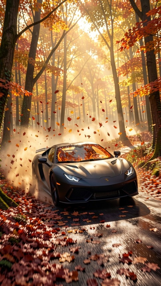 A sleek dark grey sports car speeds down a road covered in fallen leaves through a sunlit autumn forest.