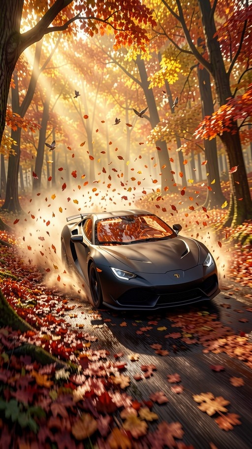 A sleek dark grey sports car driving on a road covered in fallen autumn leaves within a sunlit forest with birds flying overhead.