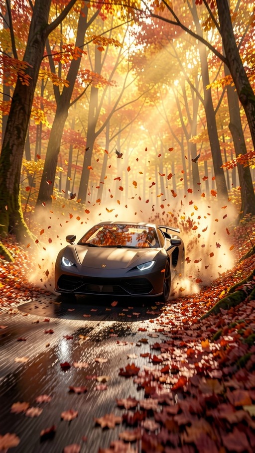 A dark grey sports car drives down a wet road in an autumn forest with falling leaves and sunlight.