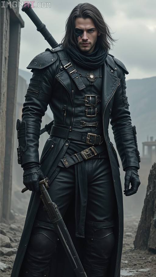 A digital illustration of a male warrior in a black leather trench coat holding a rifle with a sword on his back, standing in a rocky landscape.